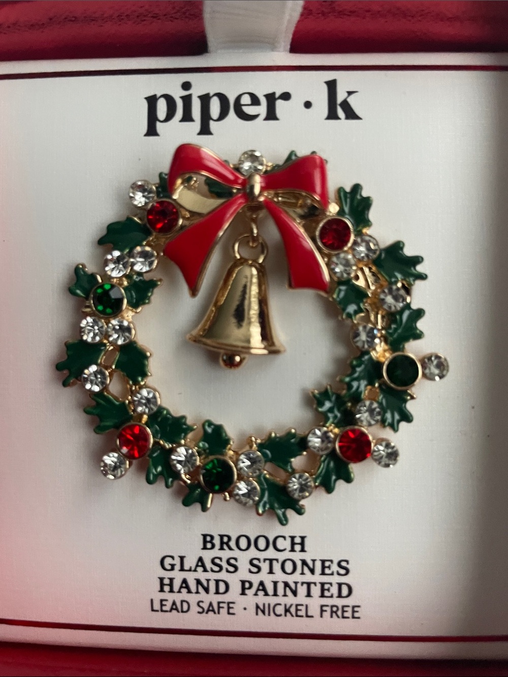 Piper • K Gold Bell Wreath Brooch with Red and Green Accents NIB - Picture 3 of 5